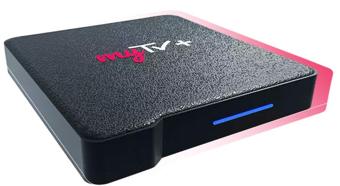 mytv plus device with the remote control behind it